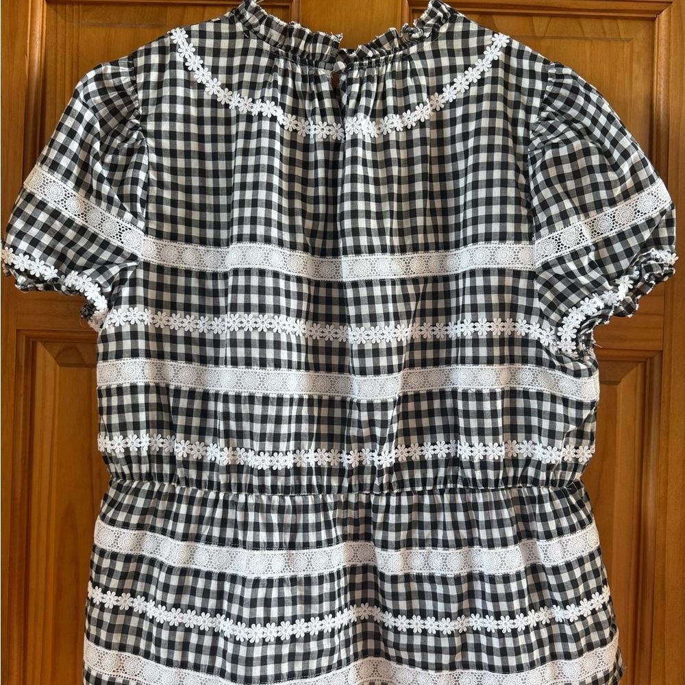 Jcrew Black and White Gingham Blouse with Lace Trim